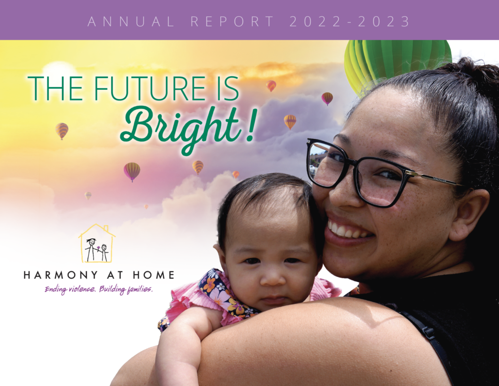 Front cover of HAH Annual Report 2023. A mom with glasses smiling is holding her smiling baby with the cover title "The Future is Bright"